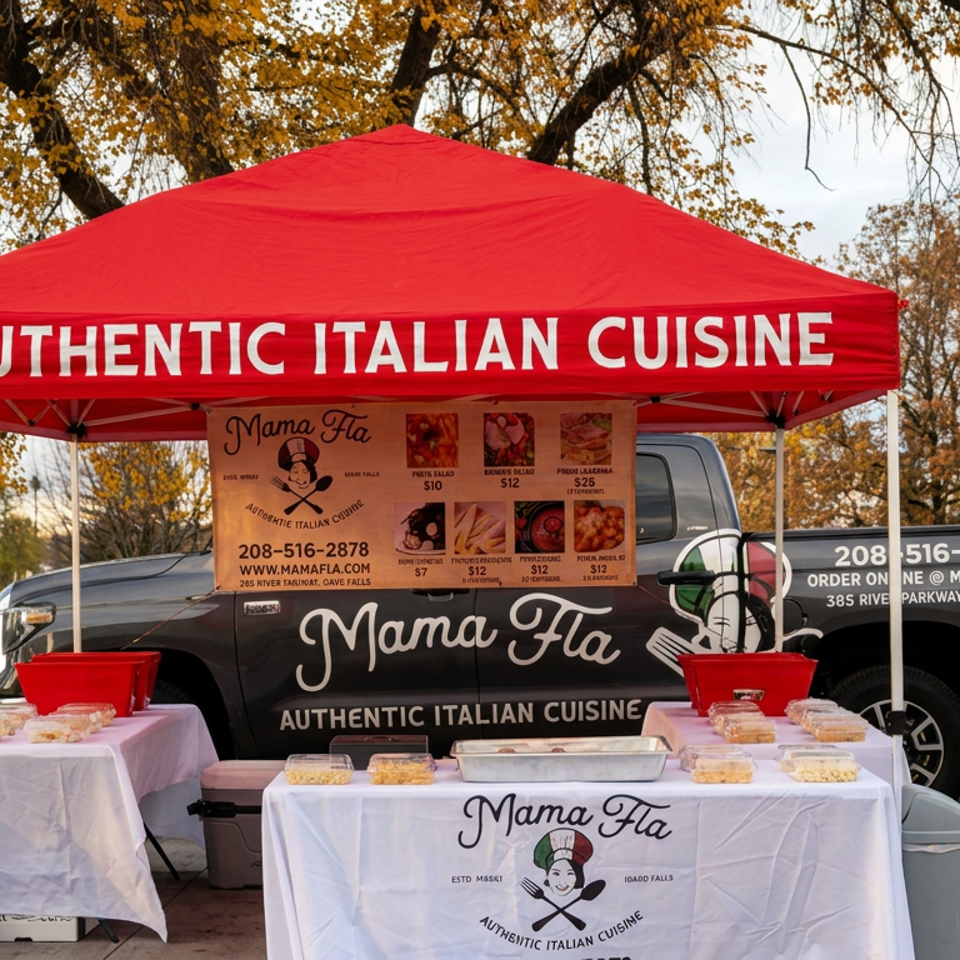Mama Fla Italian food truck under a red canopy, displaying pastries and menu items beside a lakeside autumn park.