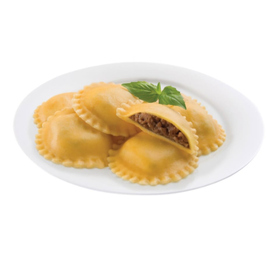 Golden ravioli filled with ground meat arranged on a white plate and garnished with fresh basil.