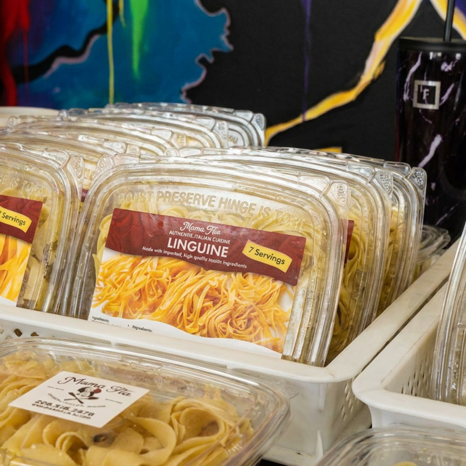 Packaged Mama Flo authentic Italian fettuccine and linguine displayed in clear containers at a market stand.