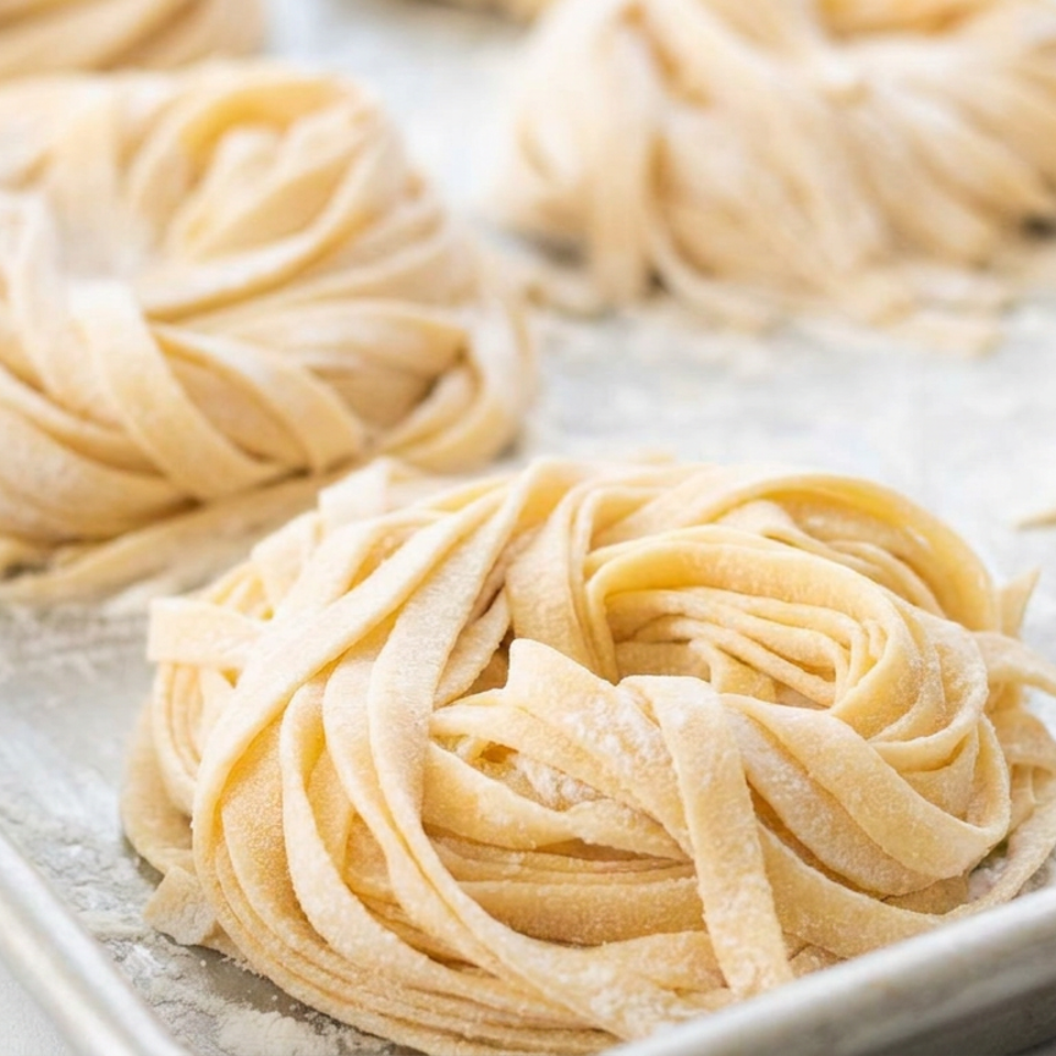 Fresh nests of homemade pasta arranged on a floured baking sheet.