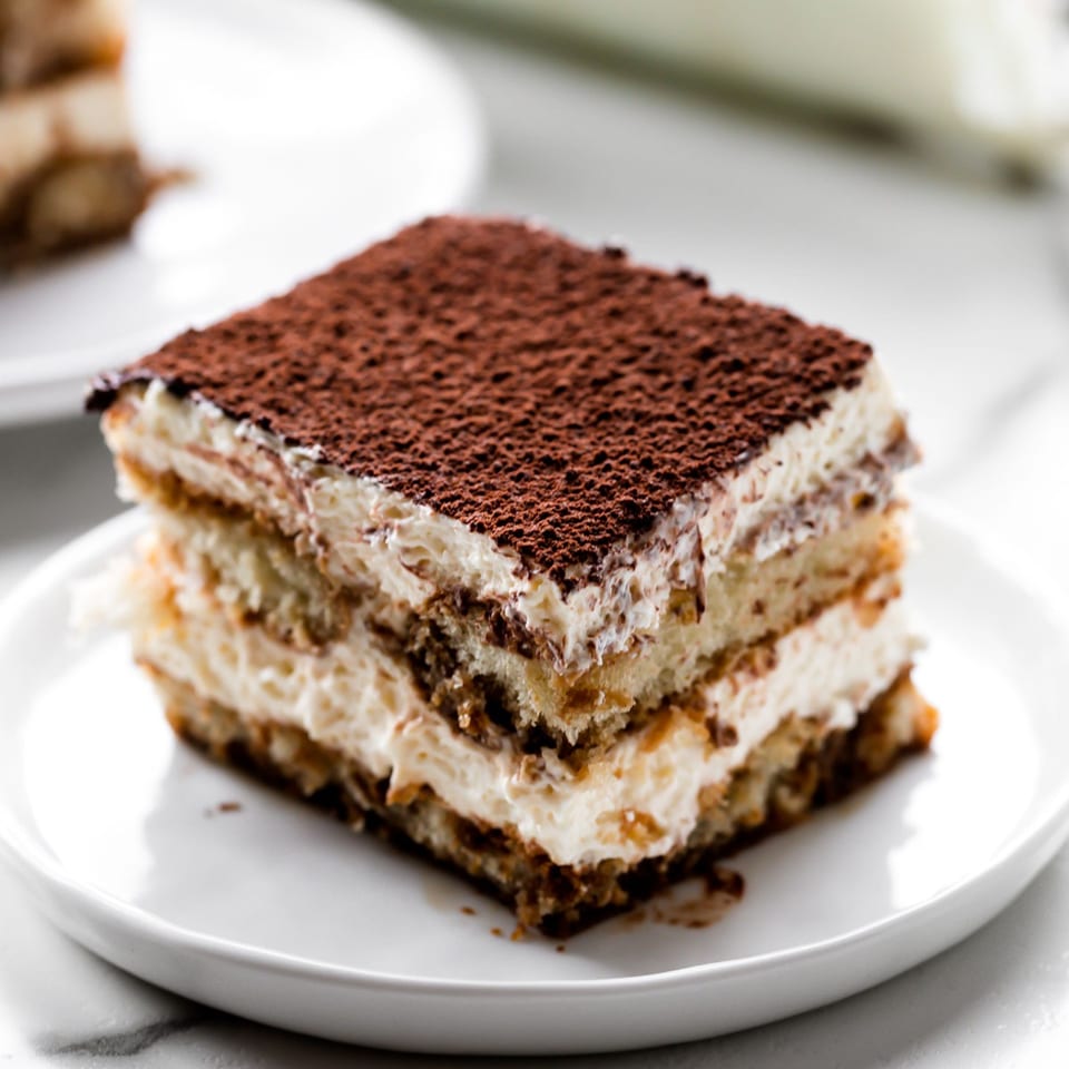 Square slice of tiramisu layered with espresso-soaked cake and cream, dusted with cocoa powder on a white plate.
