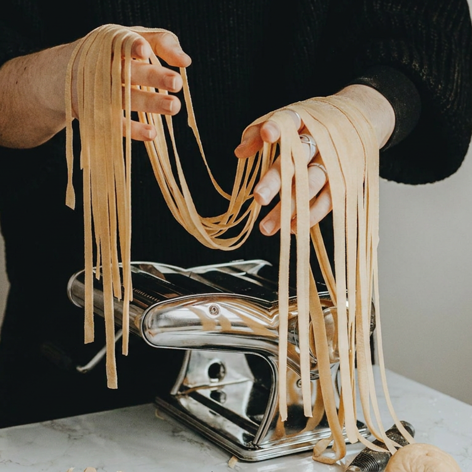 Hands lift strands of fresh pasta above a chrome pasta machine on a marble countertop.