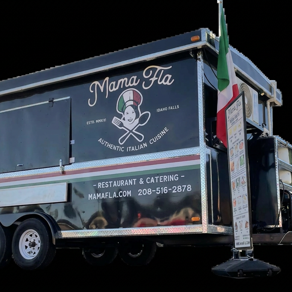 Mama Fla Italian cuisine food truck displaying menu boards, Italian flag, catering information, and logo.