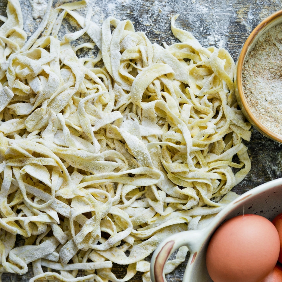 Fresh homemade pasta noodles dusted with flour beside a bowl of flour and four brown eggs on a rustic wooden surface.