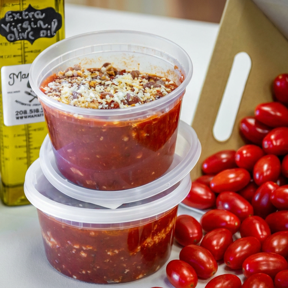 Two containers of tomato sauce topped with cheese beside cherry tomatoes, green olives, and a bottle of extra virgin olive oil.