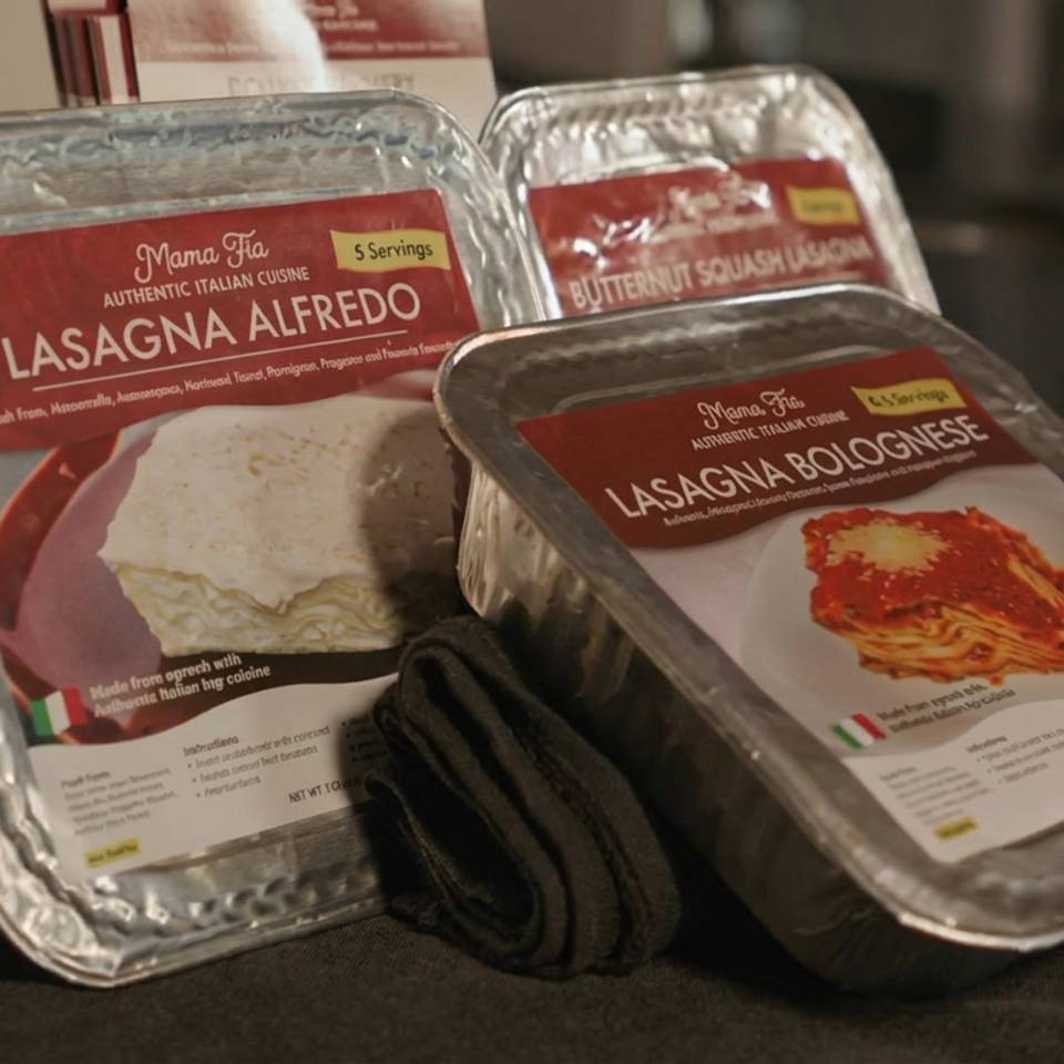 Packaged Mama Tia Italian lasagna Alfredo, lasagna Bolognese, and butternut squash lasagna trays displayed on a table.