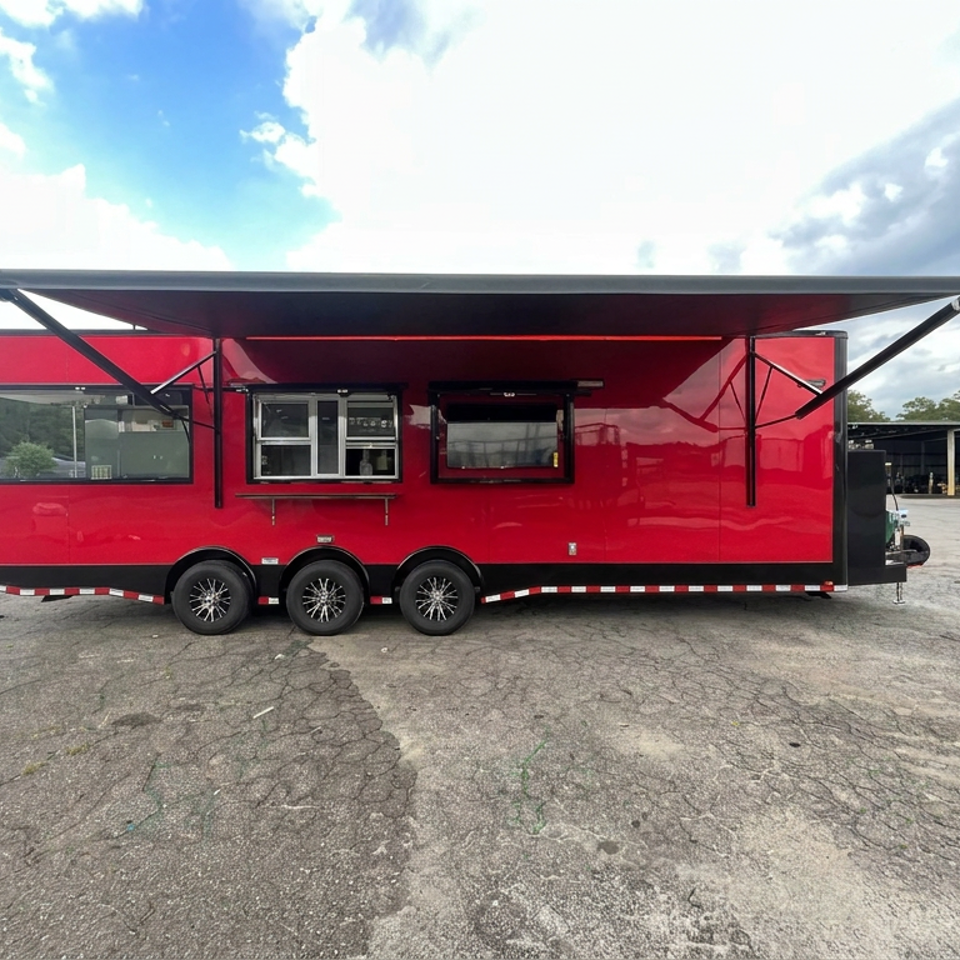 Red mobile food trailer with serving windows and awnings parked in an industrial lot beneath a cloudy sky.