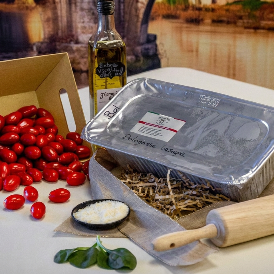 Italian cooking ingredients arranged on a table, including tomatoes, olive oil, lasagna sheets, grated cheese, basil, and a rolling pin.